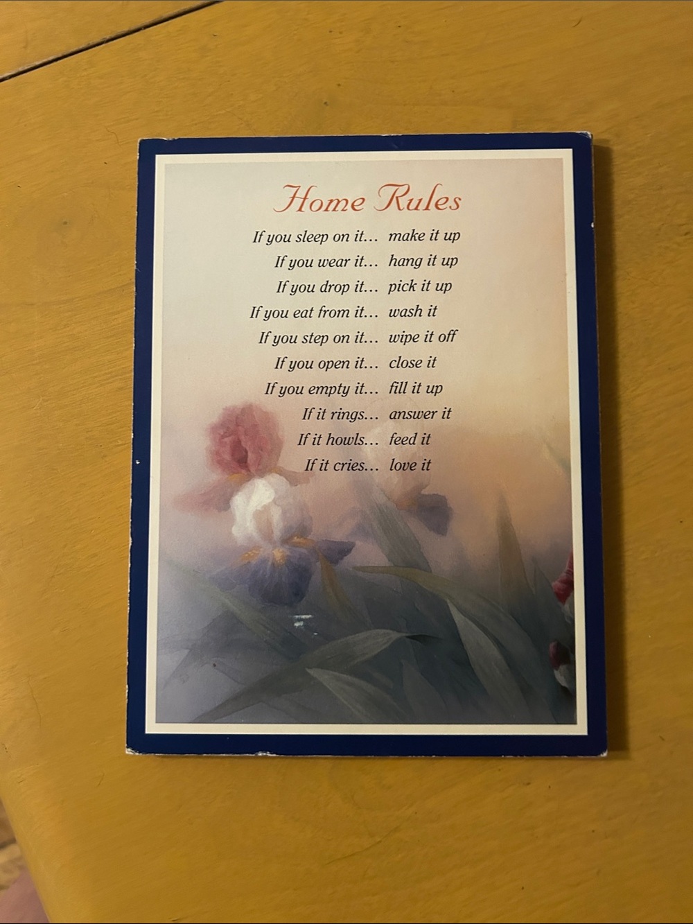 vintage Floral 'Home Rules' Wall Art Print - Blue Border